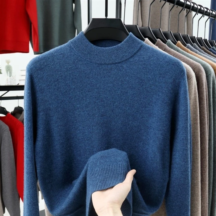 Men Solid Wool Rib Crew Neck